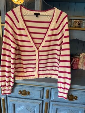 Talbots Cream and Pink Striped V‑Neck Button Cardigan